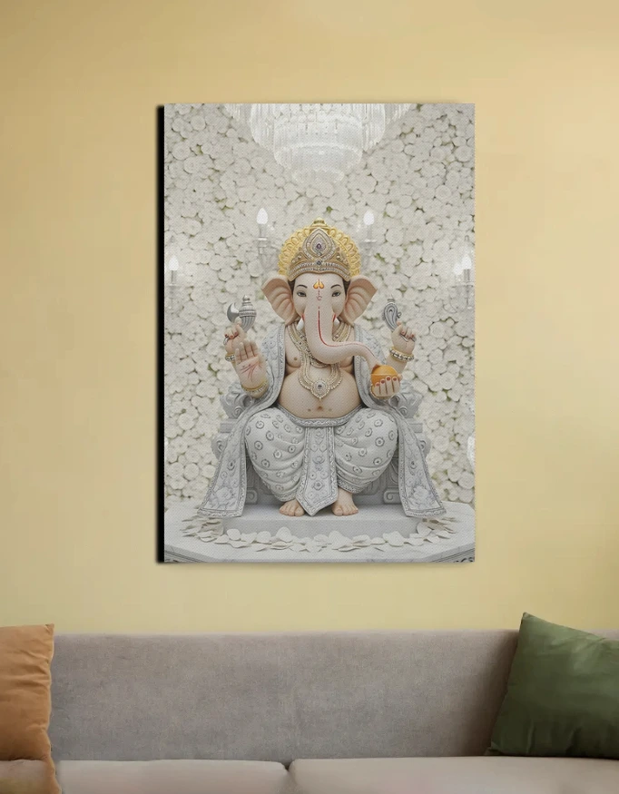 Ganesha Canvas Painting – Premium PolyCanvas Wall Art (Full White Finish)